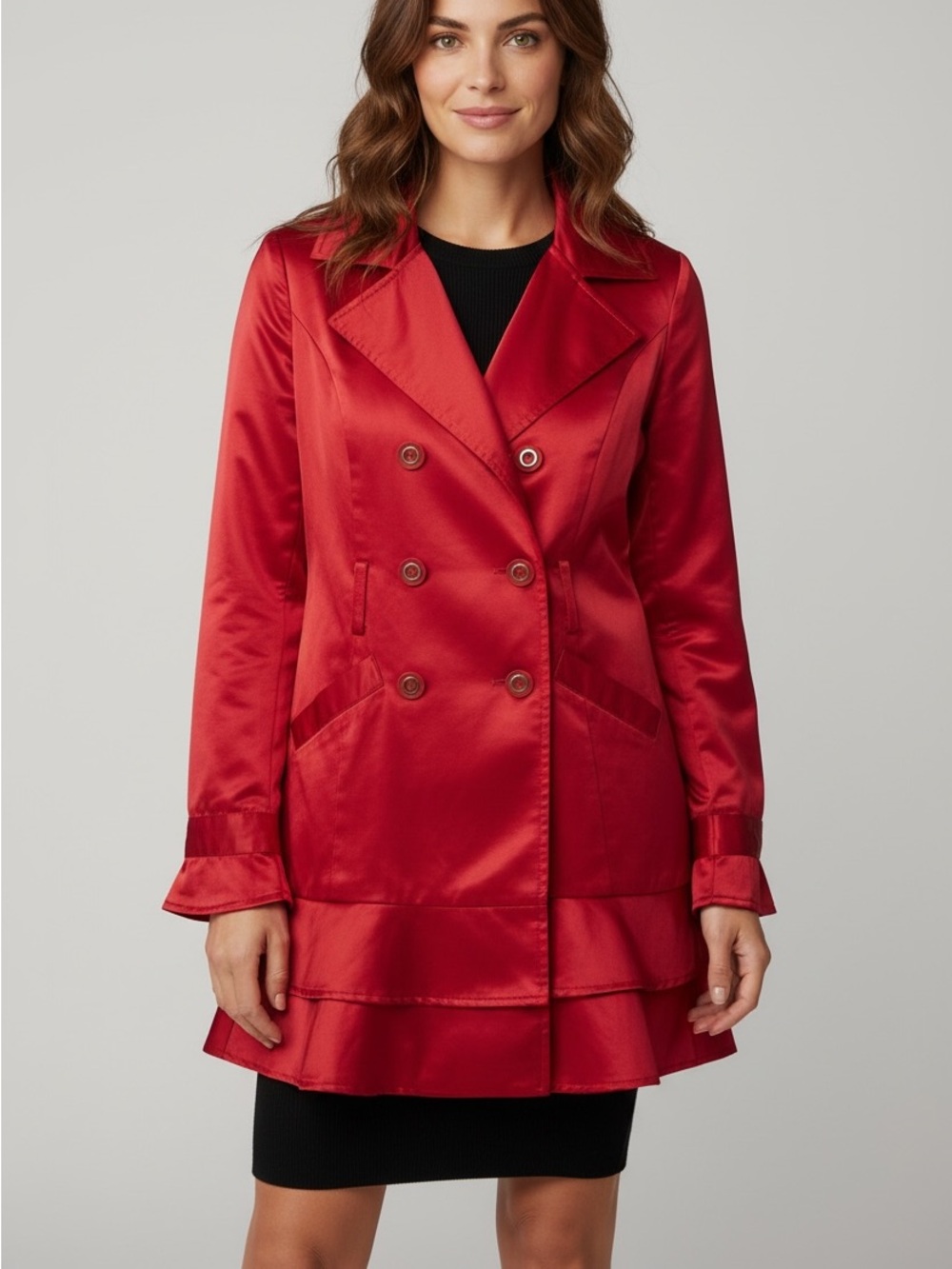 Rampage Red Satin Double-Breasted Trench with Tiered Hem